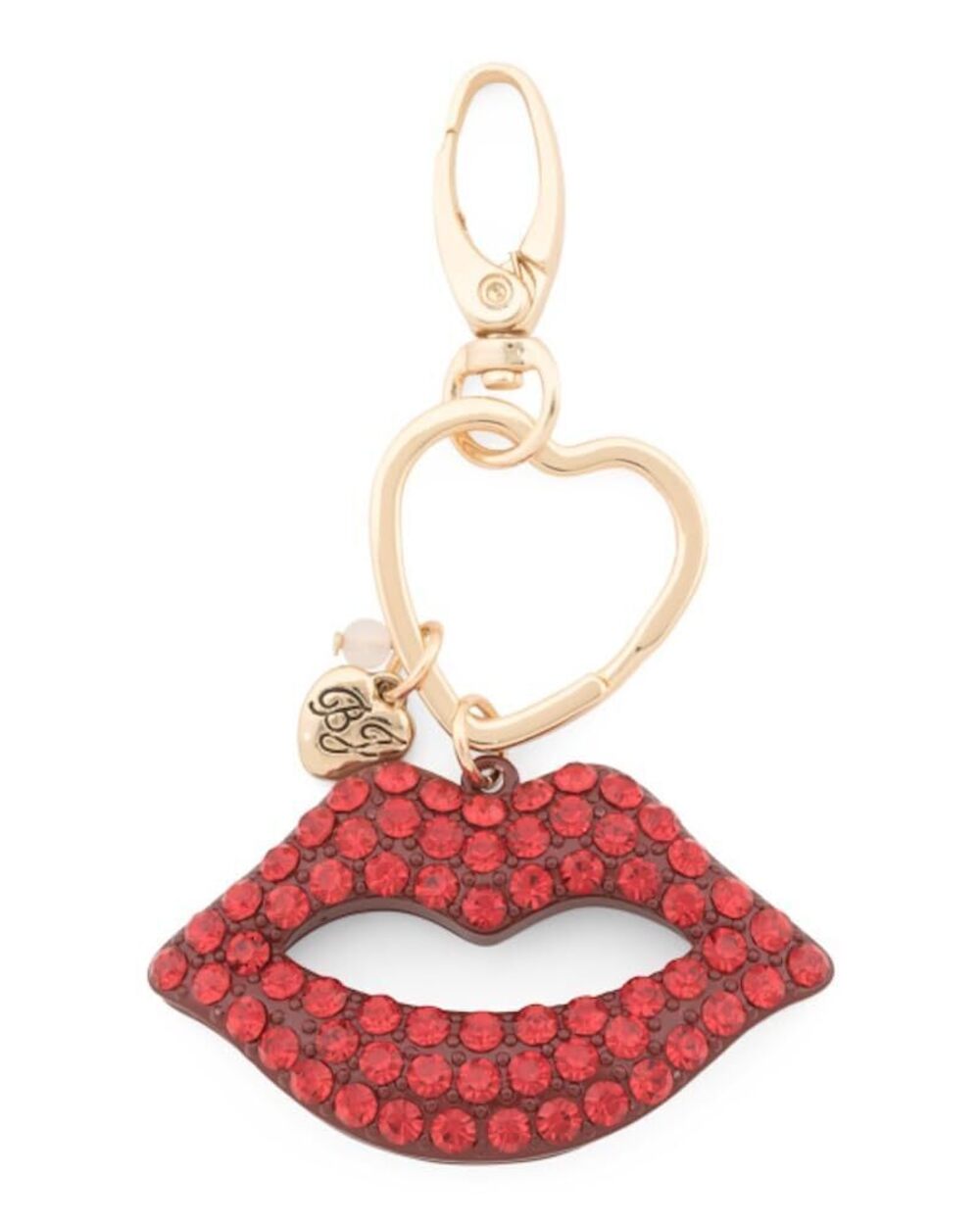 2152 Red Crystal Lips Charm Keychain with Heart Clasp, Gold-Tone